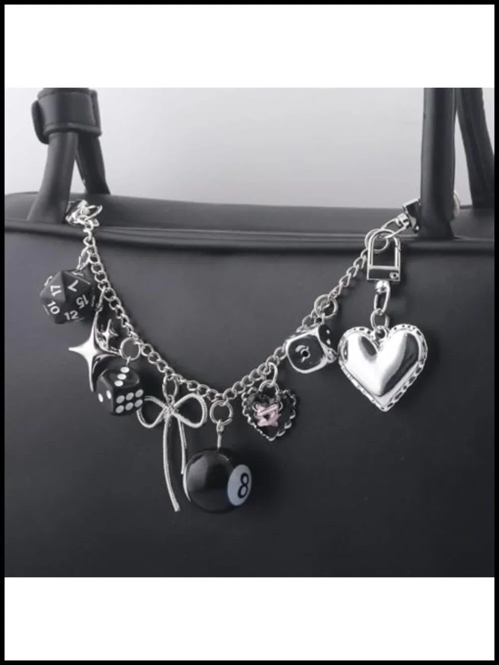 Y2K Silver Purse Chain Bag Charm with Dice 8 Ball Bow Heart